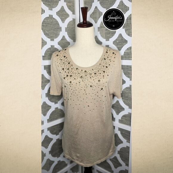 Adrienne Vittadini Tan Silk Blend Gold Studded Short Sleeve Sweater Size L - Picture 1 of 10